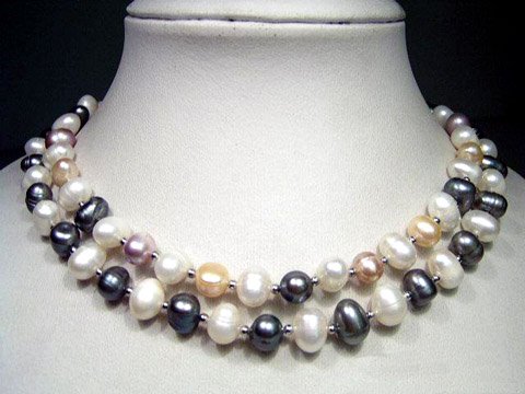 excelent 16-18'' 2row multi-color cultured pearl necklace