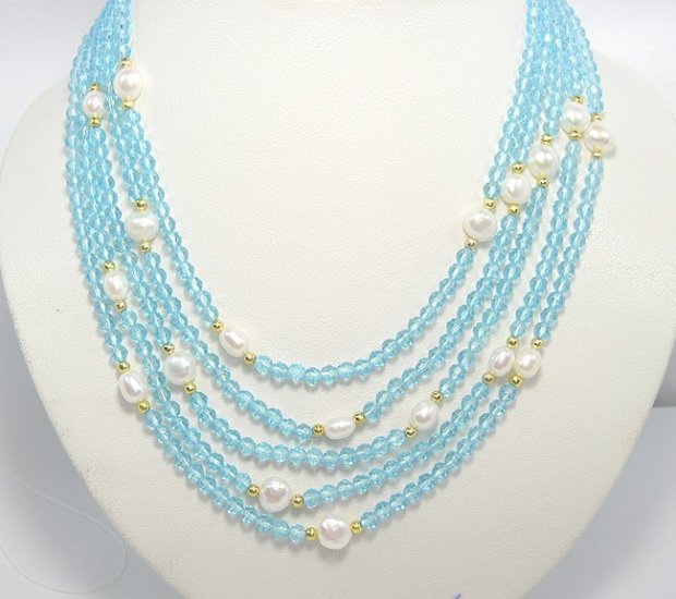 flowery 5rows Cultured Pearl & crystal Necklace 925S