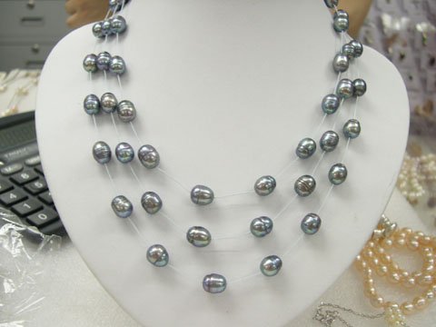 stylish 17-19'' 3rows Grey cultured pearl white silk Necklace