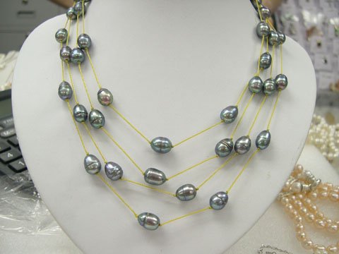 stylish 17-19'' 3rows Grey cultured pearl yellow silk Necklace