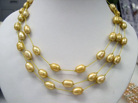 stylish 17-19'' 3rows champagne cultured pearl silk Necklace