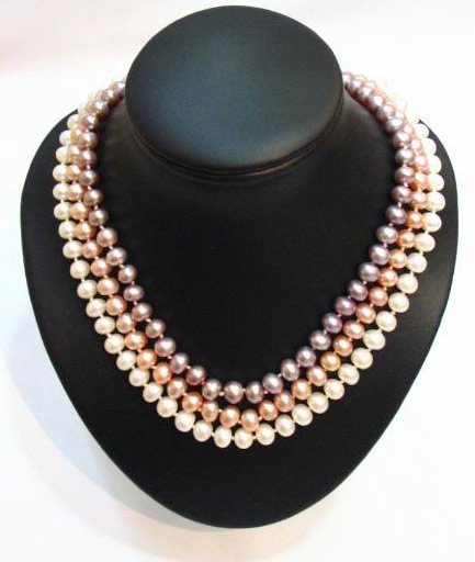 superb 3row 3 color genuine cultured pearl necklace 925