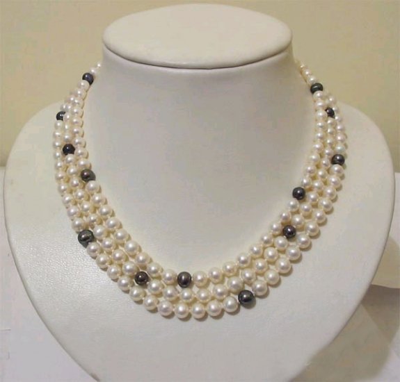 unique 3rows White Black Cultured Pearl Necklace