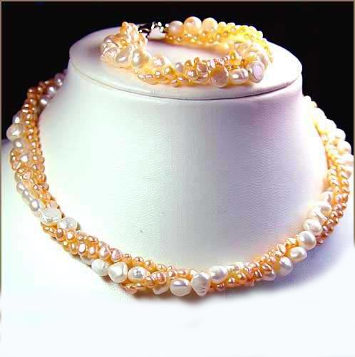 unique 3rows White PINK Genuine Cultured Pearl Necklace