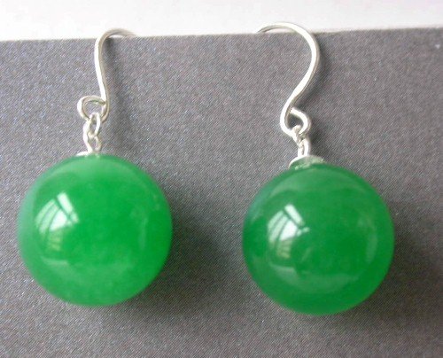 Beauty 12mm green round jade silver hook dangle earring