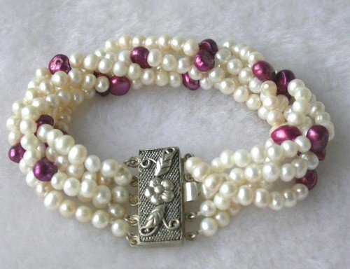 Beauty 7.5'' 5-rows 5-6mm white mauve pearl silver clasp