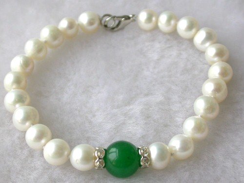 Beauty 7.5'' 7-8mm white pearl green jade bracelet