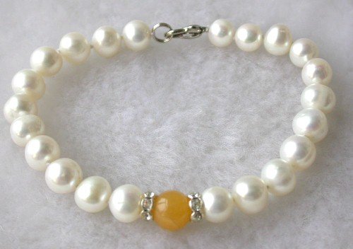 Beauty 7.5'' 7-8mm white pearl orange jade bracelet
