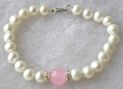 Beauty 7.5'' 7-8mm white pearl pink jade bracelet
