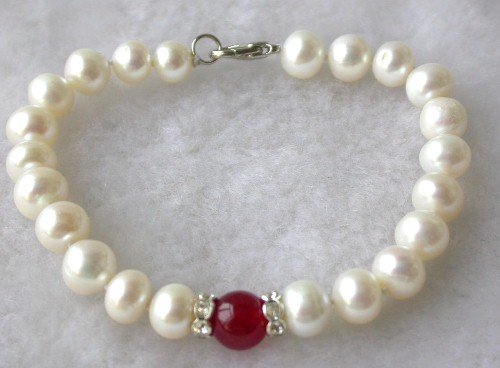 Beauty 7.5'' 7-8mm white pearl red jade bracelet