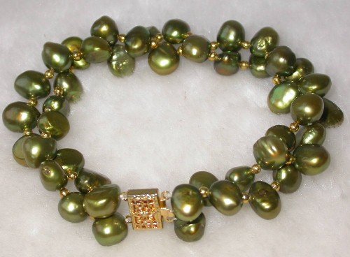 Beauty 7.5'' double 8-9mm bottle green pearl bracelet