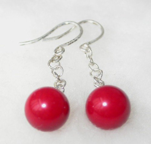 Beauty 8mm red round coral silver hook dangle earring