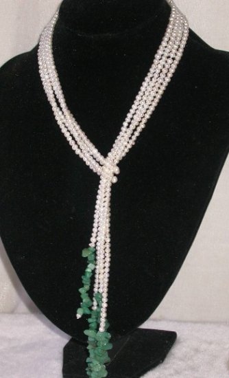 Charming! 50'' double white pearl green jade necklace