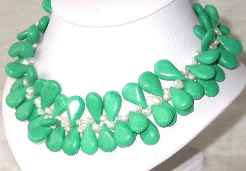 Elegant 16'' greenish seed turquoise white pearl necklace