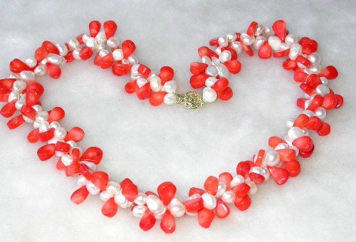 Elegant 18'' double 8-9mm white pearl pink coral necklace