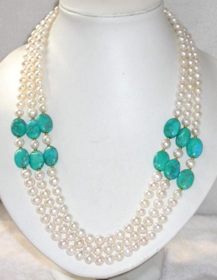 Elegant 20-22'' 3-rows 8mm white pearl turquoise necklace