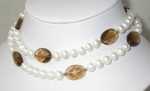 Elegant 28'' 7-8mm white pearl black crystal necklace-9K clasp
