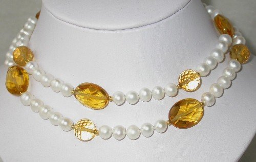 Elegant 31'' 7-8mm white pearl yellow crystal necklace