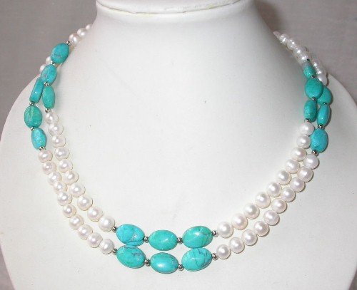 Elegant 34'' 7-8mm white pearl blue turquoise necklace
