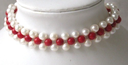 Elegant! 15'' 8mm white pearl red coral choker necklace