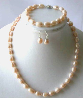 Elegant! 17'' 7.5 8-9mm pink rice pearl necklace set