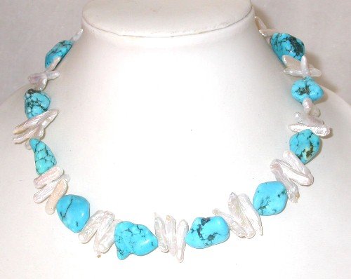 Elegant! 17'' white biwa pearl turquoise necklace