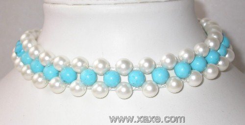 Elegant 15'' 8mm white shell pearl turquoise silver clasp