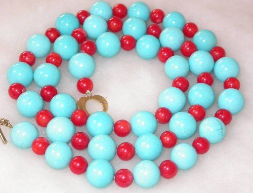 Fancy 22'' 12mm blue turquoise red coral necklace