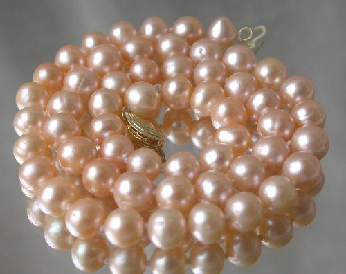 Genuine 17'' 7-8mm pink round pearl necklace-14K clasp