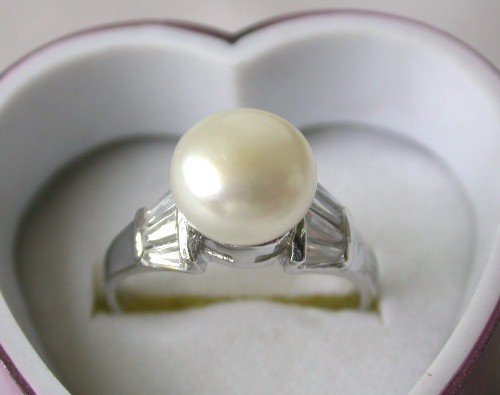 Genuine 7.5# 8.5mm white FW pearl rhinestone ring