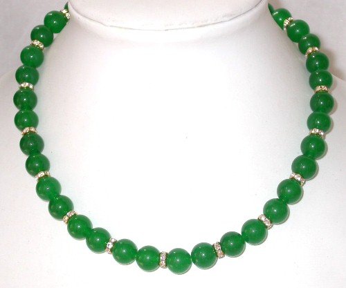 Gorgeous 17'' 10mm green jade beads rhinestone necklace