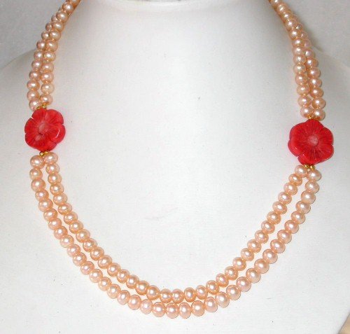 Graceful 17-18 double pink pearl red coral necklace
