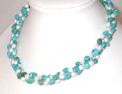 Graceful 17'' 3-rows white pearl blue turquoise necklace