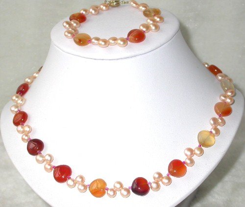 Graceful 17''/ 7.5'' 5-6mm pink pearl heart agate necklace
