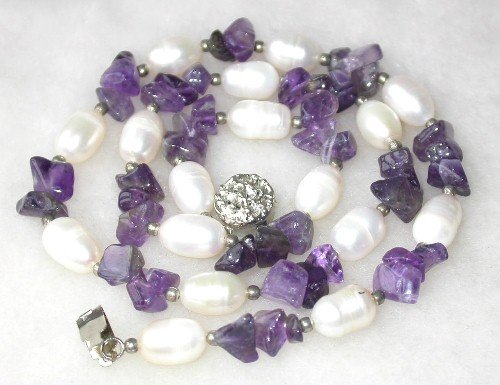 Graceful 17'' 9-10mm white rice pearl amethyst necklace