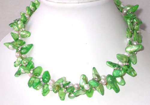 Graceful 17'' double 7x12mm baroque green white pearl