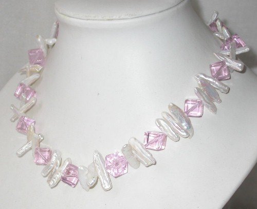 Graceful 17'' white biwa pearl pink crystal necklace