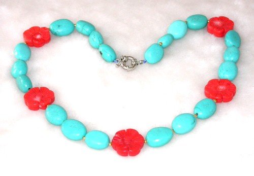 Graceful 18.5'' 10x15mm blue turquoise red coral necklace