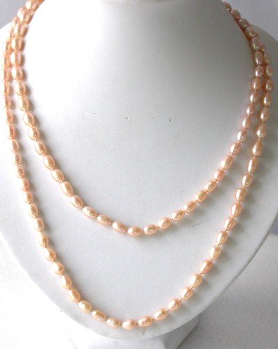 Lustrous ! 51'' 7-8mm pink rice pearl necklace