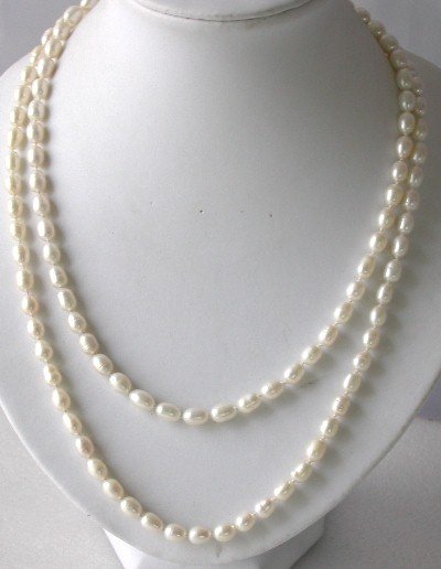 Lustrous ! 51'' 7-8mm white rice pearl necklace