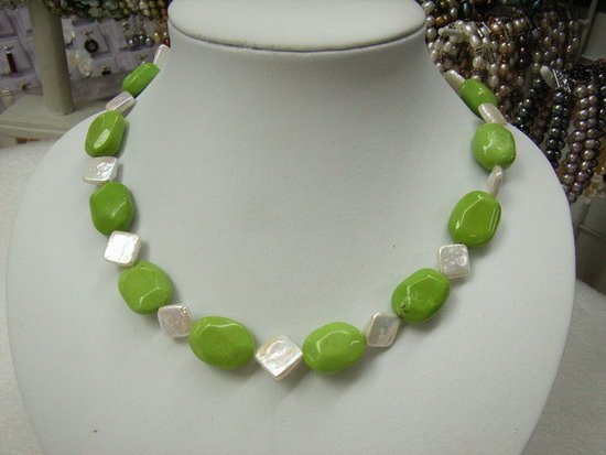 17"" Green Turquoise and Fresh Water Pearls Necklace