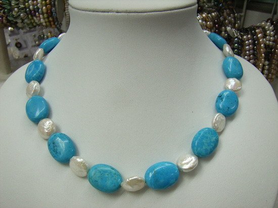 17"" Blue Turquoise and Fresh Water Pearls Necklace