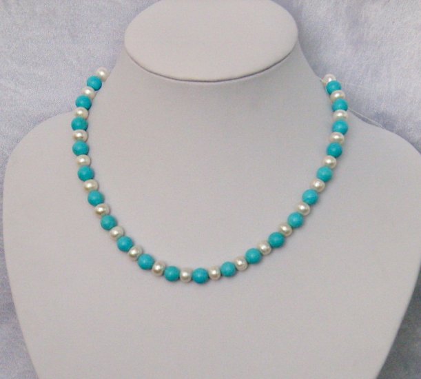 17"" 8MM Fresh Water Pearls and Turquoise Necklace