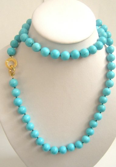 12mm 36'' sky-blue turquoise beads necklace 9k clasp