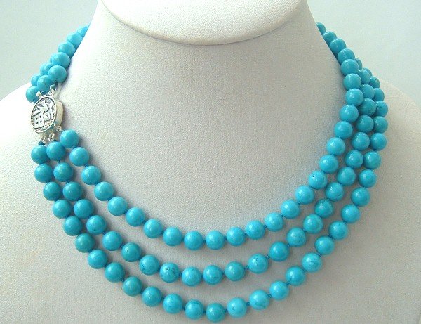 3 strands sky-blue turquoise beads necklace SS925 clasp