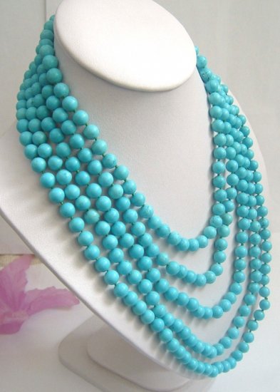 5 strands sky-blue turquoise beads necklace SS925 clasp