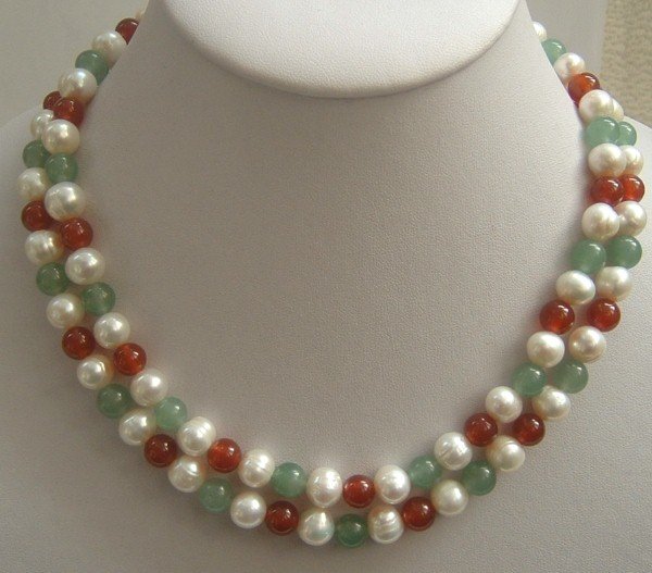 2 strands Real white FW pearls & jade necklace