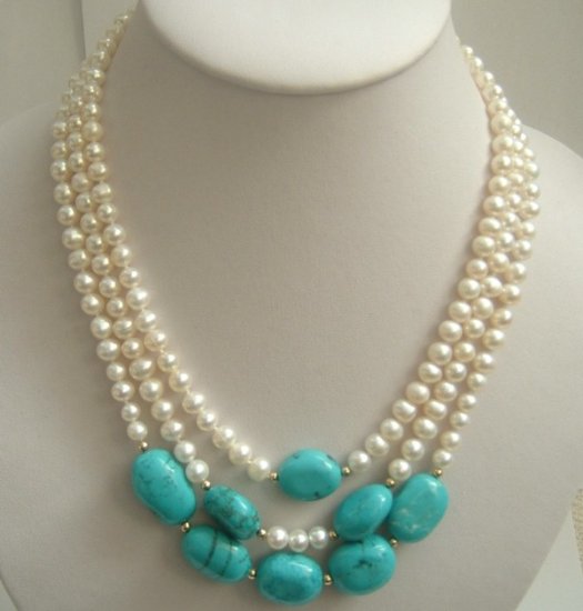 3 strands Real white freshwater pearl &turquoise necklace SS92