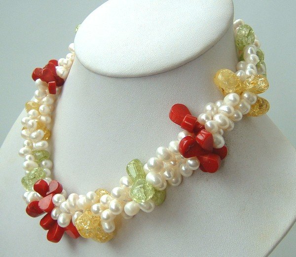 3 strands freshwater pearls crystal& coral necklace