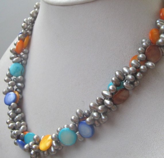 3strand gray color freshwater pearls mix shell necklace